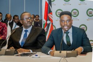 Paul Wanjala, Advocacy Manager at KUSCCO, and Keega Gakuua, Managing Partner at Keega & Co Advocates and Chief Legal Officer at Swypt, during their presentation at the Parliament Buildings in Nairobi.